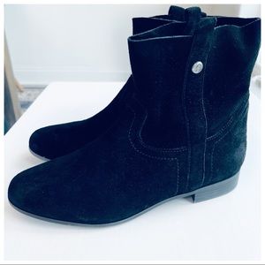 FRYE black suede flat mid-calve western boot